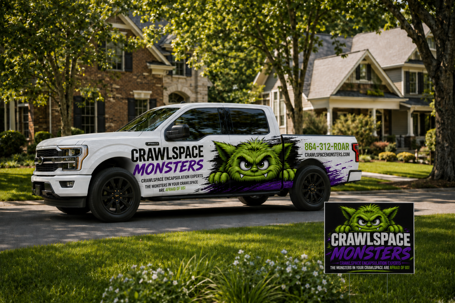 Crawlspace Monsters truck driving through an Upstate neighborhood with a branded yard sign