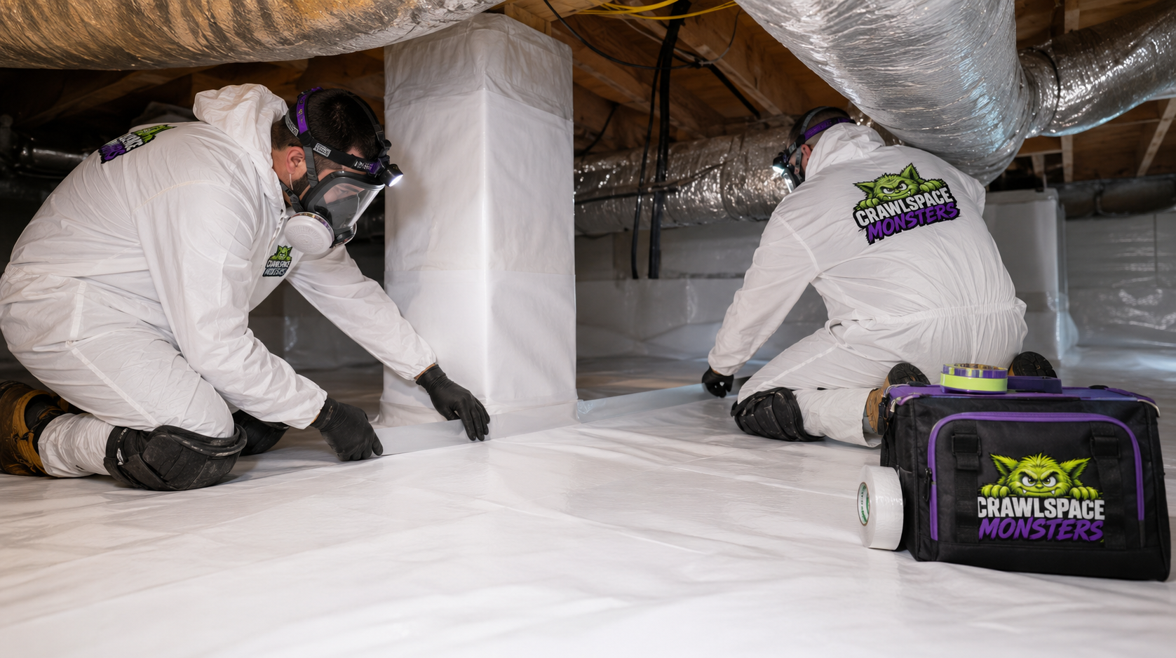 Crawlspace Monsters crew installing an encapsulation liner in protective equipment