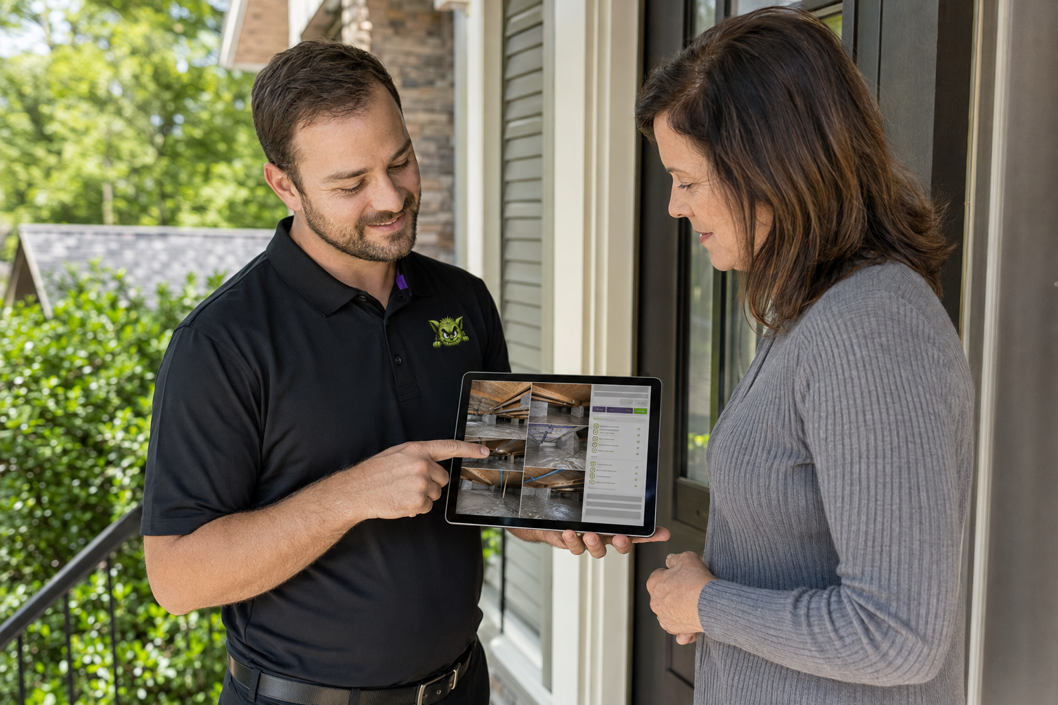 Crawlspace Monsters employee reviewing crawlspace photos and a proposal with a homeowner